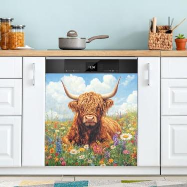 Imagem de xigua Capa magnética para lava-louças Flowers Highland Cow, adesivos magnéticos decorativos antiarranhões para painel de geladeira e lava-louças, decoração personalizada de cozinha doméstica 58 x 66