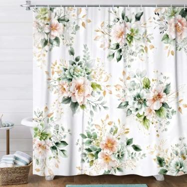 Imagem de DYNH Cortina de chuveiro floral verde sálvia rosa para banheiro, primavera aquarela flores flores florais tecido botânico poliéster cortinas de chuveiro com ganchos decoração de banheira, 72Lx72L