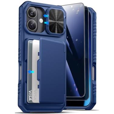 Imagem de ATATOO Capa carteira para iPhone 17 com protetor de tela de privacidade [2 unidades], suporte para cartão e capa para câmera deslizante, capa para iPhone 17 de 6,3 polegadas 2025, azul