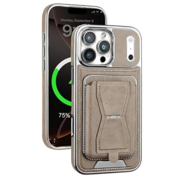 Imagem de Genérico Capa de couro for iPhone 17/17 Air/17 Pro/17 Pro MAX, titular do cartão de crédito capa de sucção magnética vintage removível ultra fina capa de telemóvel (dourado, 17 Pro)