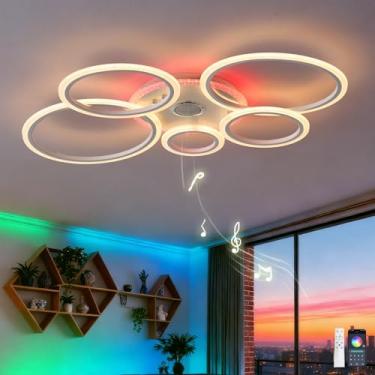 Imagem de Lustre de teto com alto-falante Bluetooth, RGB, formato de anel, controle remoto, timer, dimerizável, 3 temperaturas de cor, luz noturna e função de memória para quarto, branco.
