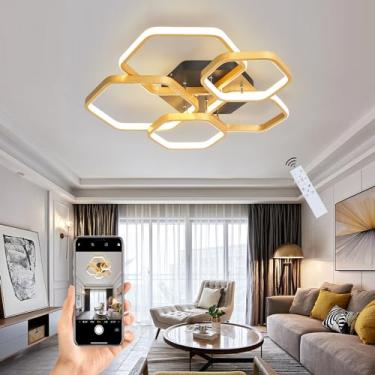 Imagem de Luminária de teto moderna e minimalista com LED dimerizável e controle remoto. Luminária circular para sala de estar e quarto com design criativo em metal e acrílico (dourada, 5 braços).