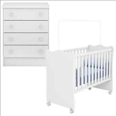 Imagem de Berço Nacional e Cômoda Infantil Doce Sonho Branco Brilho - Qmovi