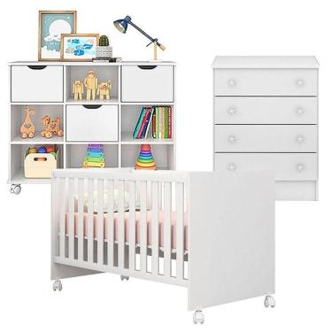 Imagem de Berço Americano 100 Com Rodízios E Cômoda 103 Com Nicho Organizador 3 Gavetas Branco Brilho