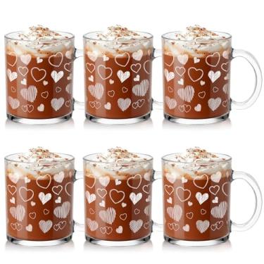 Imagem de Baderke 6 peças de canecas de coração de dia dos namorados 350 ml copos de café de vidro de coração com alça para presente romântico de festa de casamento para festas de casamento (branca)