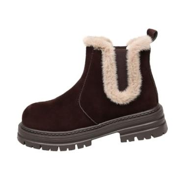 Imagem de Botas femininas forradas com lã, bico redondo, salto baixo, botas curtas para uso casual no inverno, Marrom, 35