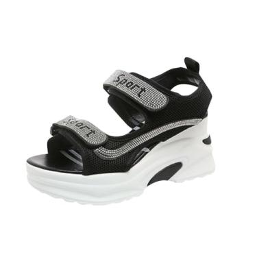 Imagem de Sandálias femininas elegantes casuais versáteis confortáveis férias verão envolvente esportes praia sandálias femininas material PU, Preto, 35