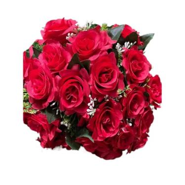 Imagem de Buquê de Rosas Artificiais com Folhagem C/24 Flores – Arranjo Decorativo Realista para Casa, Festa e Presente(Vermelho-3916/4581)