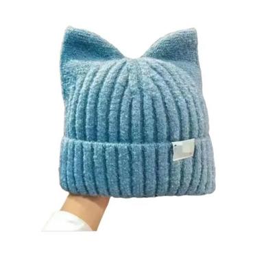 Imagem de Gorro Feminino Quentinho De Tricô Com Orelhas De Gato Fofas Para Outon