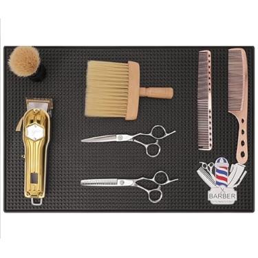 Imagem de Tapete de barbeiro, ferramentas de estilo de cabelo, protetor de bancada de borracha flexível antiderrapante para ferramentas de salão, tapete organizador para tesouras, aparadores, cartões de cabelo