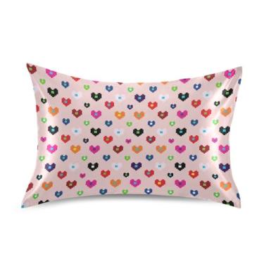 Imagem de Wassud Fronha de cetim para o dia dos namorados com corações arco-íris para cabelo e pele, fronhas de seda lisa, tamanho padrão, respirável, com fecho de envelope