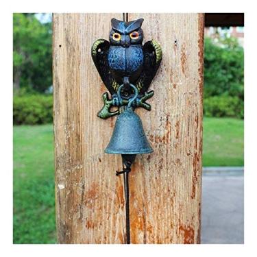 Imagem de Campainha decorativa de ferro fundido campainha de jantar ao ar livre metal suporte de parede sino de chamada coruja rústica jardim quintal rústico chalé decoração de porta de casa