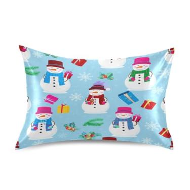 Imagem de Wassud Cheerful Snowmen Fronha de cetim para cabelo e pele fronhas de seda lisa Queen Size Capas de almofada respiráveis com fecho de envelope