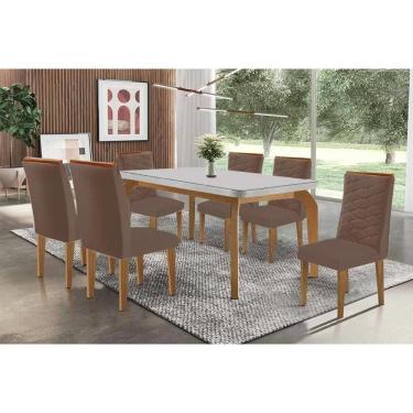 Imagem de Mesa Cozinha Londrina c/ Tampo Madeirado c/ Vidro Canto Curvo 180x90cm e 6 Cadeiras Maldivas Naturale/Off White - Linho Capuccino-Rufato