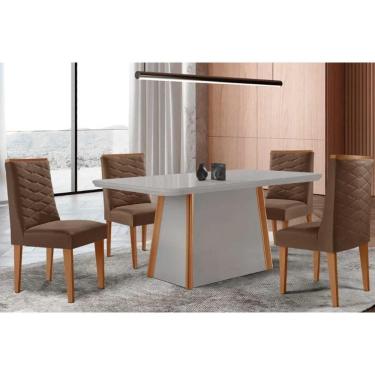 Imagem de Conjunto: Mesa Sala Jantar Tilia Curvo 120cm + 4 Cadeiras Dafne Madeira Naturale/Off White - Capuccino/Suede Marrom - Rufato