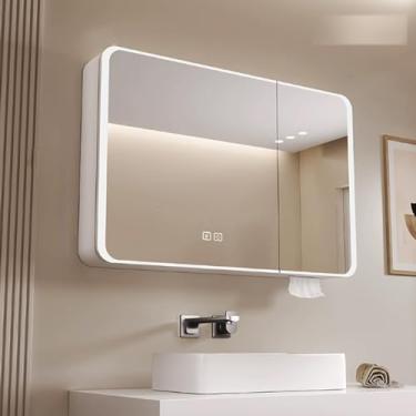 Imagem de Armário de remédios inteligente moderno montado na parede com luzes LED, armazenamento de banheiro de alumínio, espelho HD, desembaçamento inteligente, interruptor de toque, orifício de extração de