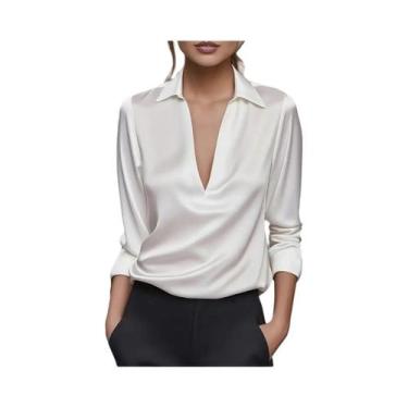 Imagem de Camisa Casual Elegante De Seda Com Manga Longa Para Mulheres, Colarinh