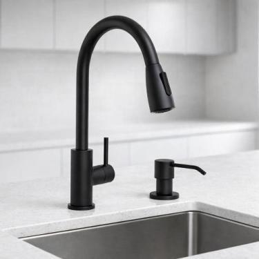 Imagem de Kit Bancada Preta Fosca  Torneira Monocomando com Dispenser Embutido  