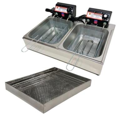 Imagem de Kit Fritadeira Elétrica Industrial 2 Cubas Antichamas 10 Litros com Es