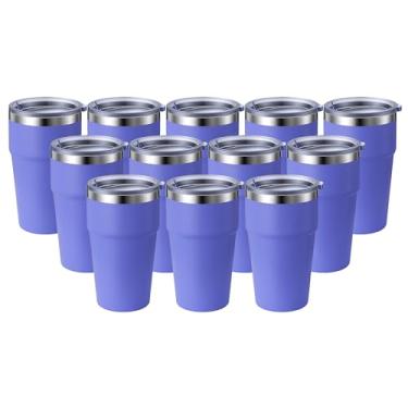 Imagem de MEWAY Caneca de viagem isolada a vácuo de parede dupla de 473 ml, copos de aço inoxidável com tampa, copos de café revestidos em pó para bebidas frias e quentes (roxo, pacote com 12)