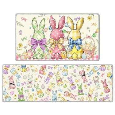 Imagem de InIsaJace Tapetes de cozinha Happy Easter com 2 peças de gravata borboleta colorida antiderrapante para o chão, tapete decorativo de ovos de flores de primavera para decoração de casa (40 x 71 + 40 x
