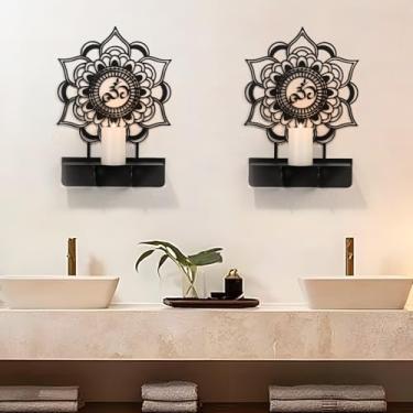 Imagem de Om Suporte de vela de metal mandala, castiçais de metal, castiçal, suporte de vela preto, suporte de vela, decoração de parede zen espiritual para sala de estar, sala de ioga, sala de jantar, banheiro