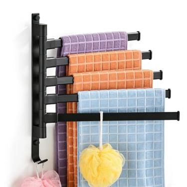 Imagem de Toalheiro giratório, montado na parede, suporte de toalha de banho de 5 braços, organizador de economia de espaço para banheiro, cozinha à beira da piscina, preto fosco