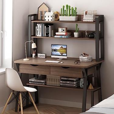 Imagem de Mesa de computador moderna com estante, estação de trabalho de escritório doméstico com prateleiras superiores de armazenamento, mesa de escrita de estudo (120 x 60 x 74 cm, acabamento em nogueira)
