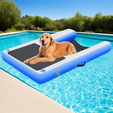 Imagem de Boia de piscina durável para animais de estimação com degraus estabilizadores - plataforma flutuante para cães de PVC, rampa de água ideal para barcos, piscinas, lagos e docas (azul)