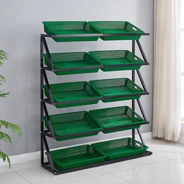 Imagem de Prateleiras comerciais de vegetais de 4 a 5 níveis | Organizador de frutas de supermercado e suporte de exibição de lanches | Cesto de varejo de grande capacidade para cebolas, produtos e loja de