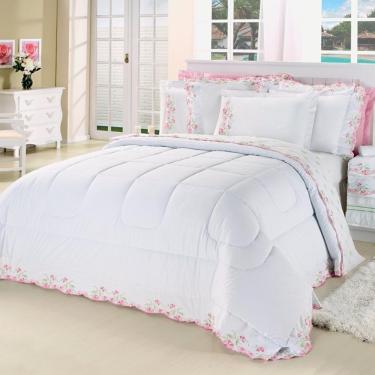 Imagem de Kit Edredom Emozione Casal Queen 5 Peças Percal 200 Fios 100% Algodão Bordado - Branco