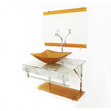 Imagem de Gabinete Vidro 60Cm Com Cuba Quadrada Mármore Branco Dourado