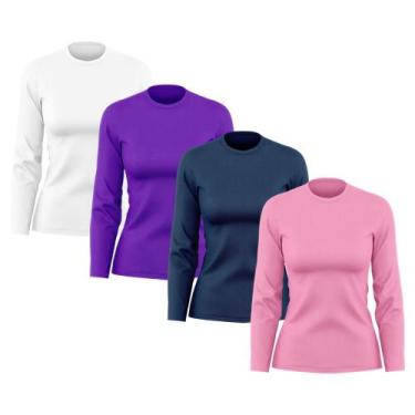Imagem de Kit 4 Camisetas Feminina Manga Longa Dry Fit Básica Lisa Proteção Sola