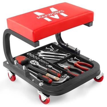 Imagem de MaxWorks 50875 Assento de rolo mecânico, capacidade de 113 kg, banco de oficina de rolamento acolchoado com bandeja de ferramentas para armazenamento de garagem, loja, reparo de automóveis