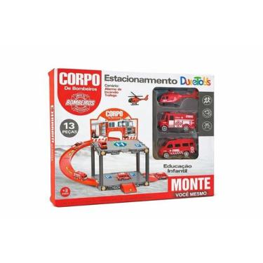Imagem de Estacionamento Bombeiros 13 Peças c/ Carrinhos e Helicóptero - Dutetoy