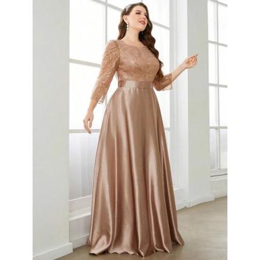 Imagem de Vestido De Festa Longo Com Manga Comprida E Decote Redondo Em Cetim Co