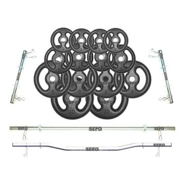Imagem de Kit Anilhas Ferro 60kg + 2 Barras 40cm + Barra 150 + Barra W