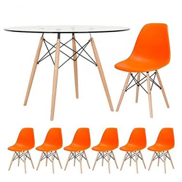 Imagem de Loft7, Mesa redonda Eames com tampo de vidro 120 cm + 6 cadeiras Eiffel DSW Laranja
