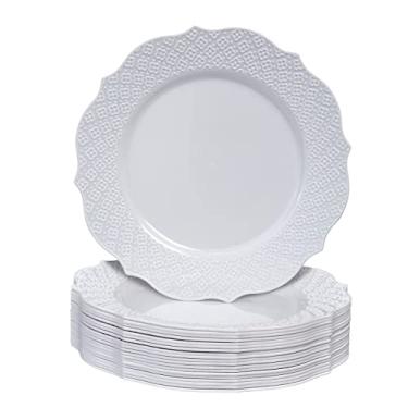 Imagem de SILVER SPOONS Pratos de salada de plástico em relevo floral para festa (20 peças) Conjunto de jantar descartável resistente de 23 cm, pratos finos para chás de bebê, celebrações e eventos - branco -