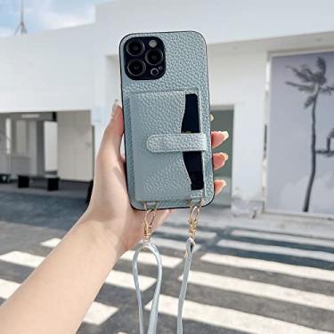 Imagem de Carteira de bolso de cartão crossbody para iPhone 11 12 13 14 Pro Max X XR XS Max 7 8 Plus Alça de Couro Capa Traseira, Azul Céu, Para iPhone12 MINI