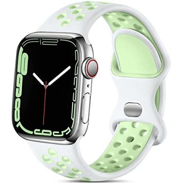 Imagem de Pulseira esportiva de silicone de substituição Lerobo compatível com Apple Watch 9, 8, 7, 6, 5, 4, 3, 2, 1, SE, Ultra/Ultra 2 de 49 mm, 45 mm, 44 mm e 42 mm, macia e respirável, unissex, branca/verde