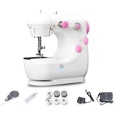 Imagem de Máquina de costura doméstica mini máquina de costura multifuncional elétrica pequena máquina de costura manual (presente 10 acessórios) rosa branco atualizado