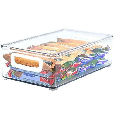 Imagem de Youngever Pacote com 2 caixas organizadoras de plástico empilháveis com tampas, 25,4 x 15,2 x 7,6 cm, caixas de armazenamento empilháveis com alça para geladeira, despensa