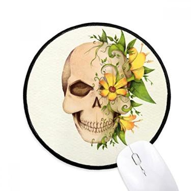 Imagem de Mousepads redondos antiderrapantes com ilustração de caveira de flor e bordas costuradas pretas, presente de escritório