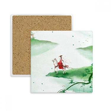 Imagem de Riding A Horse Go Chinês Aquarela Quadrada Porta-copos Porta-copos Porta-copos Pedra de isolamento