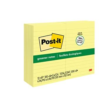 Imagem de Post-it Greener Notes, 10 cm x 15 cm, 12 blocos, notas adesivas favoritas número 1 dos EUA, amarelo canário, remoção limpa, material 100% reciclado (660-RP)