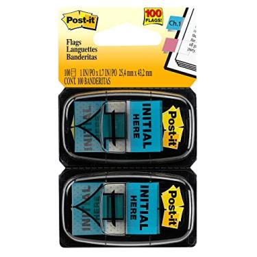 Imagem de Bandeiras impressas Post it, "Inicial aqui", 2,54 cm x 1 7/10", azul brilhante, 50 bandeiras por bloco, pacote com 2 almofadas