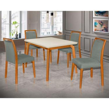 Imagem de Mesa Jantar Luxo Jade 120x90cm Off White com 4 Cadeiras Estofadas Veludo Cinza Base Madeira Maciça M