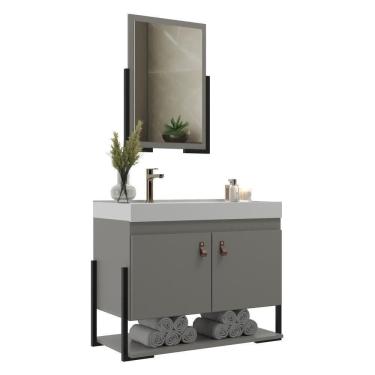Imagem de Gabinete Banheiro 60cm 2 Portas Com Cuba E Espelheira Multimóveis Cr10105 Cimento Cimento