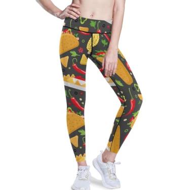 Imagem de KLL Calça legging feminina mexicana com estampa de comida burrito taco, ioga, cintura alta, controle de barriga, calça para controle de barriga, Taco Burrito com padrão de comida mexicana, P